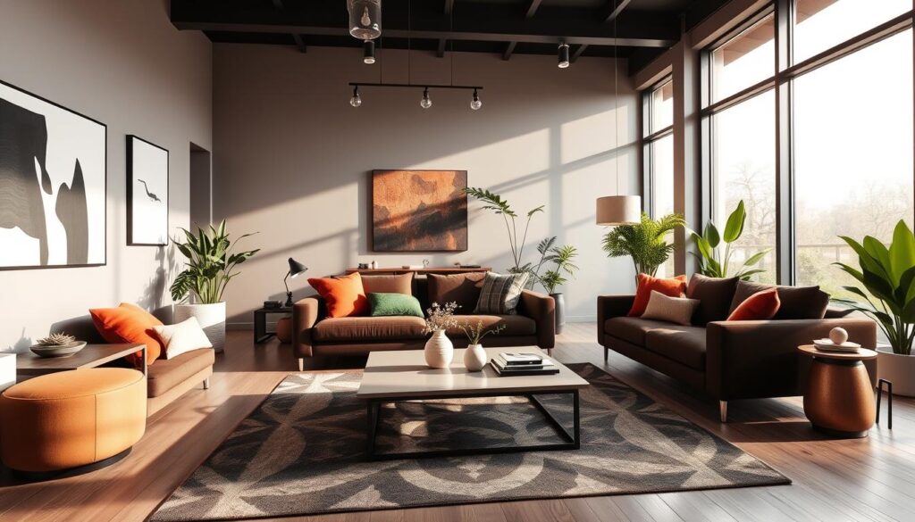 modern decor with brown couch