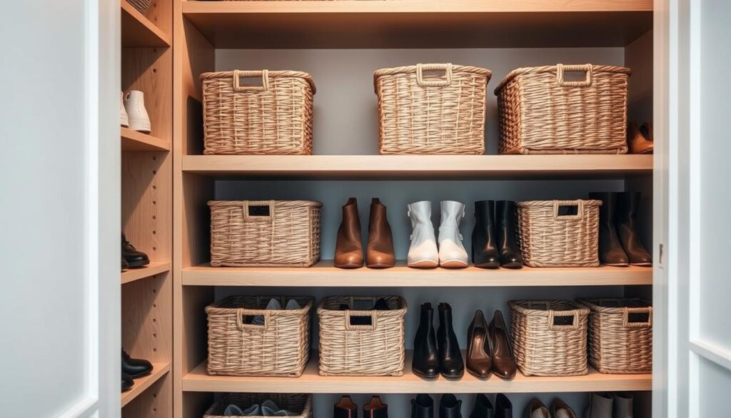 basket storage solutions for organized shoe storage