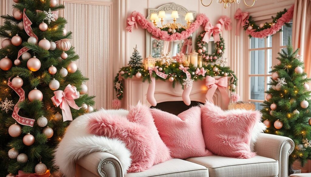 elegant holiday decorations with pink accents