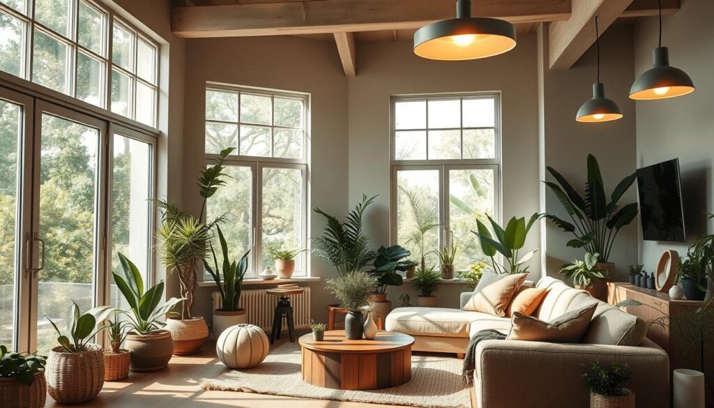 energy-efficient lighting in a green living room