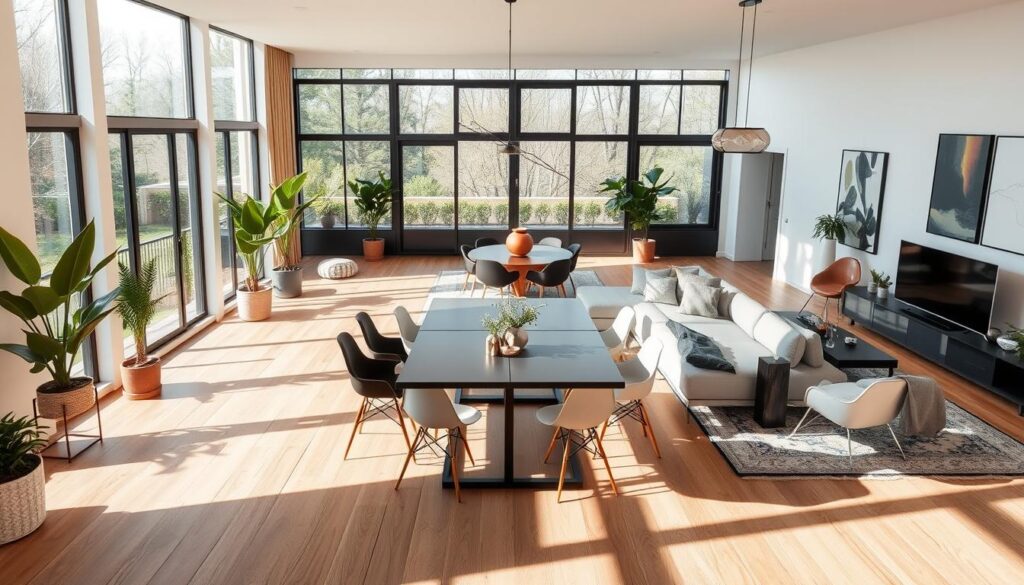 open plan living and dining room