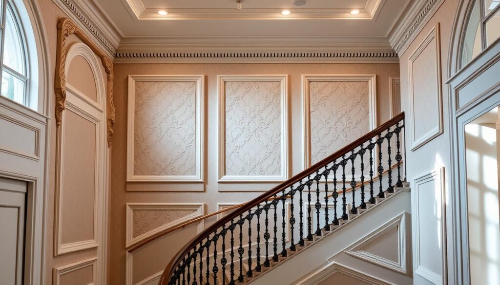 staircase wall design with decorative molding and wall treatments