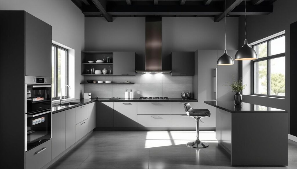 trendy grey and black kitchen color schemes