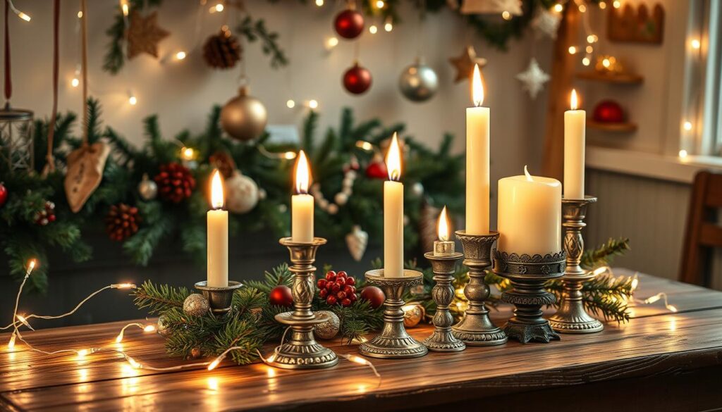 vintage candles and holiday lights