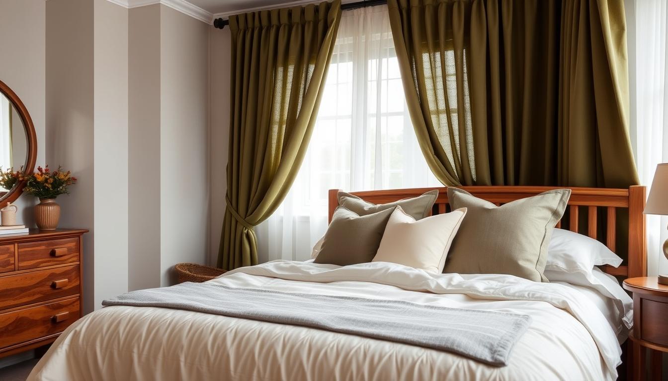 what color bedspread would look nice with olive green curtains