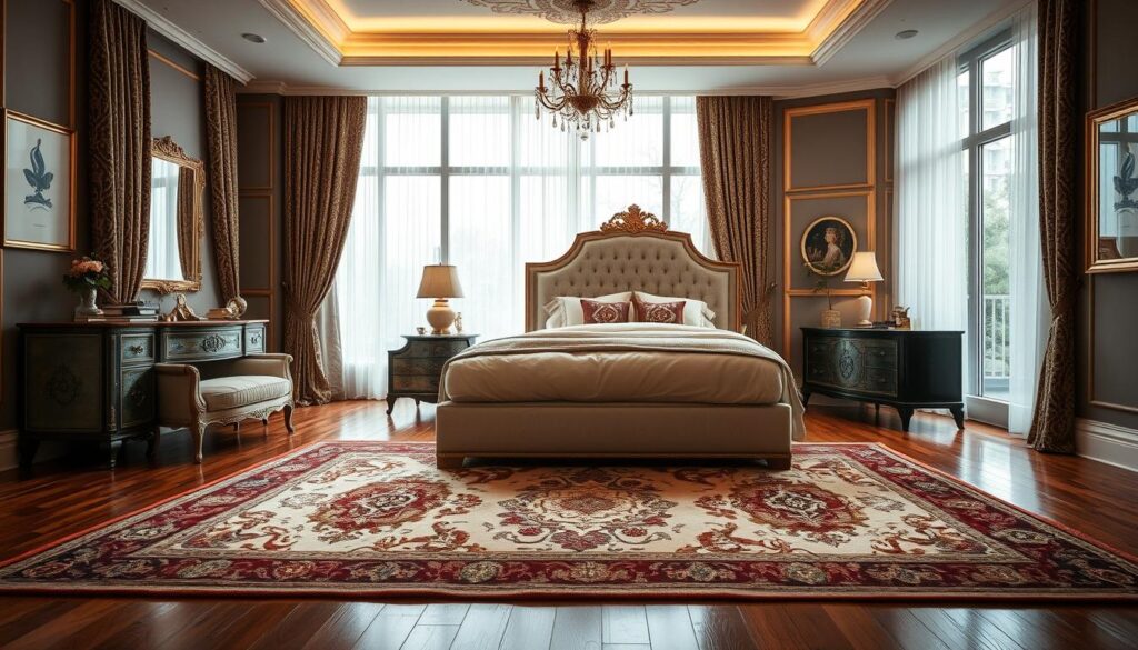 elegant bedroom design with statement rugs